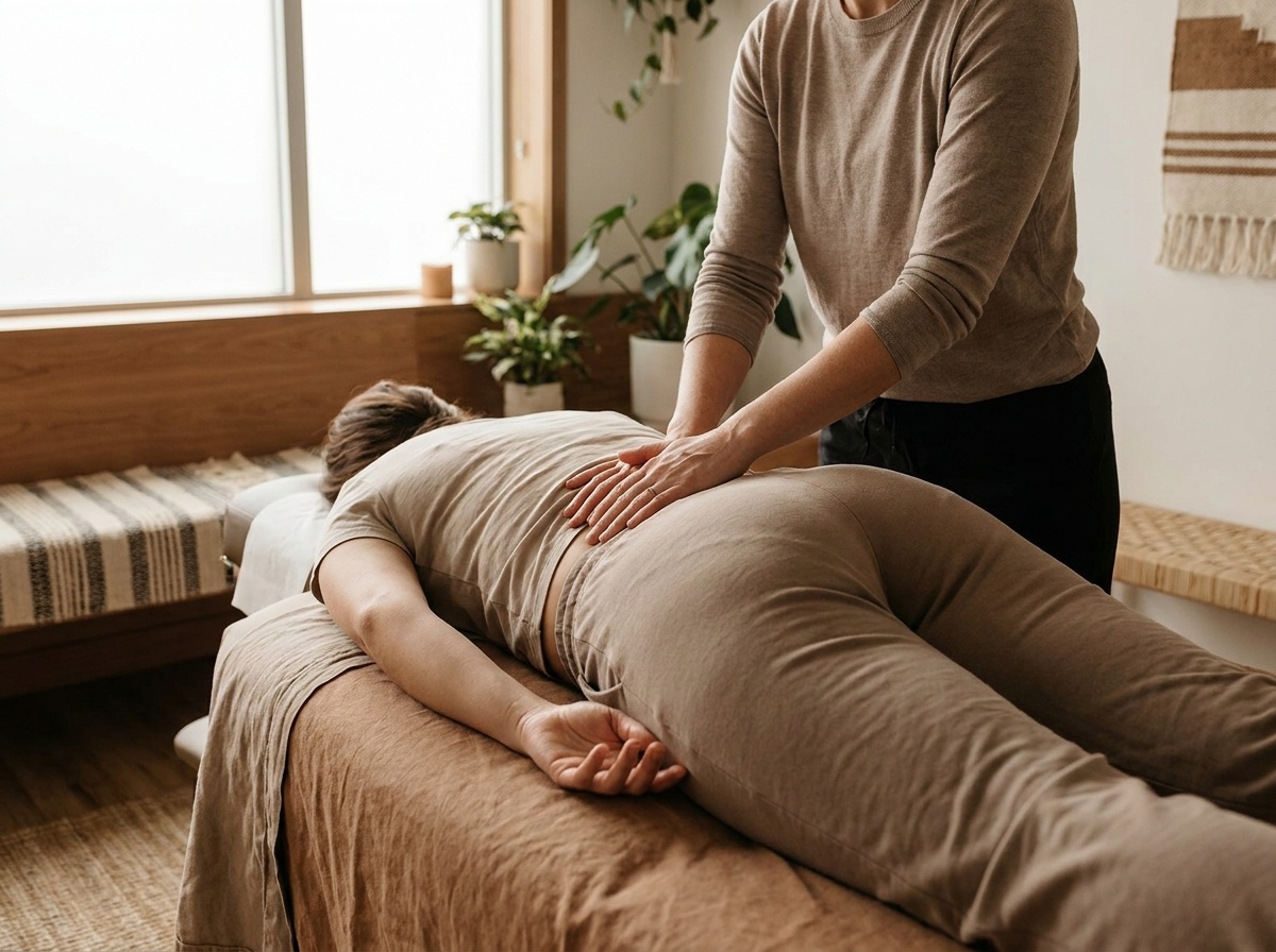 A person receiving a massage on their lower back, with a therapist's hands gently applying pressure. The scene is set in a calm, well-lit room with plants and n